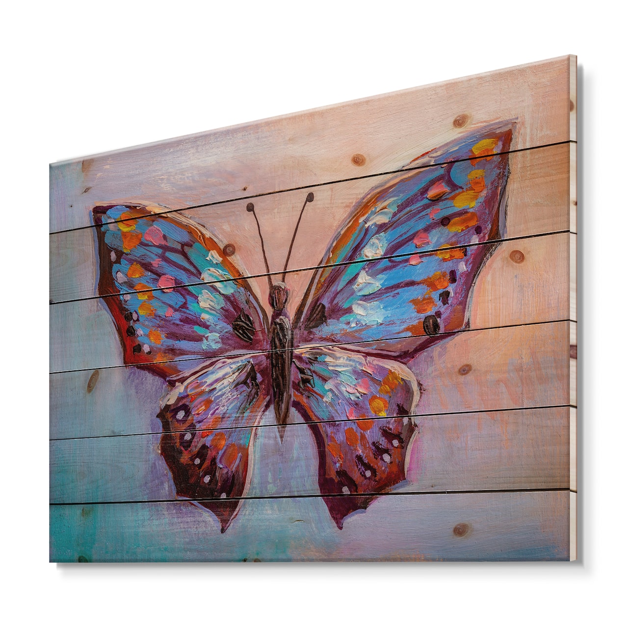 Designart - Vintage Blue Butterfly II - Modern Print on Natural Pine Wood